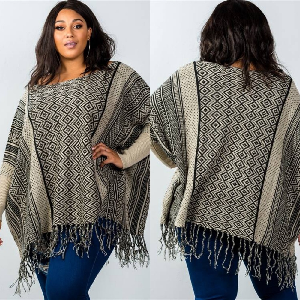PLUS SIZE TARA FRINGE PONCHO SWEATER